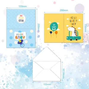 Baby shower greeting card set with envelopes, cute animal and baby designs for newborn party.