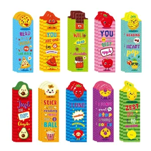 Cute cartoon fruit and food paper bookmarks set for kids students reading stationery items.