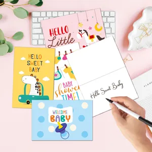 Baby shower greeting card set, cute newborn invitation cards with colorful designs.