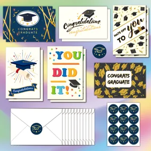 Graduation greeting cards set with envelopes and seal stickers, perfect for student celebration.