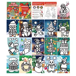 Foil art craft kit detail showing colorful cards, instruction guide, and Christmas coloring pages.