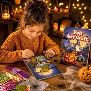 Detailed scene of a child enjoying foil art craft kit with colorful sheets on wooden table.