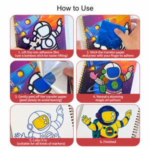 Detailed steps showing how to use the magic foil art craft sticker book for kids DIY fun.