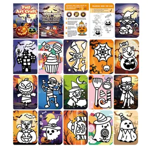 Detail view of kids foil art craft kit featuring Halloween theme cards, stickers and foil sheets.