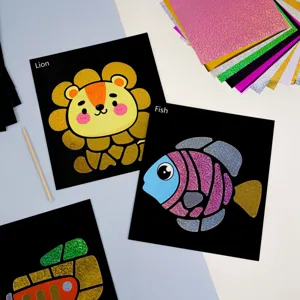 Kids scratch art foil craft set with colorful magic sticker sheets for creative DIY fun.