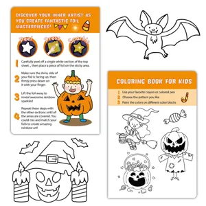 Kids Halloween foil art craft kit and coloring book set for creative DIY fun and party activities.