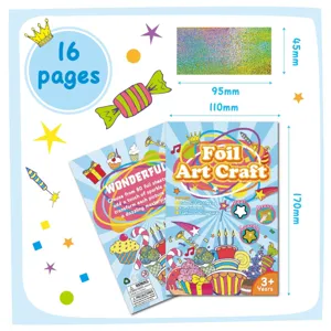 Detailed view of kids foil art craft book with 16 pages, colorful foil sheets, and tools.