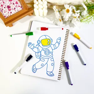 DIY magic art scratch sticker book with astronaut drawing and colorful markers for kids creative fun.