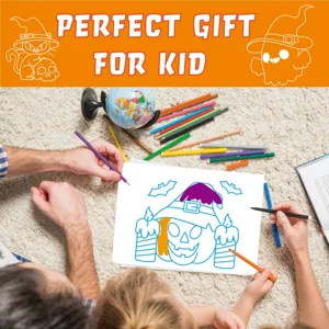 Detail scene of kids coloring Halloween art with colored pencils on a cozy textured carpet.