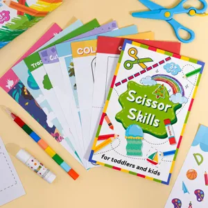 Kinder Scherenschnitt Lernbuch Set mit Sicherheitsschere Buntstiften und Kleber für frühes Lernen