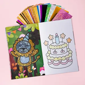 Detailed view of kids foil art craft book with colorful glitter sheets and birthday coloring pages.
