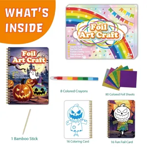 Kids foil art craft kit with colorful foil sheets, notebooks, and crayons for DIY fun.