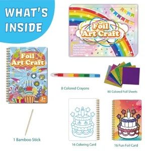 Detailed view of the kids DIY foil art craft set components including sheets, crayons, and cards.