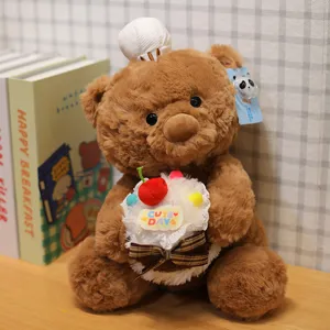 Adorable chef cake teddy bear plush toy detail view, soft stuffed doll gift for kids.