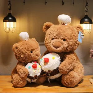 Cute chef bear plush toy set with mini cake, soft stuffed animal doll birthday gift.