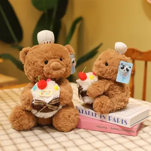 Cute chef cake teddy bear plush toy doll, soft stuffed animal birthday gift for kids.