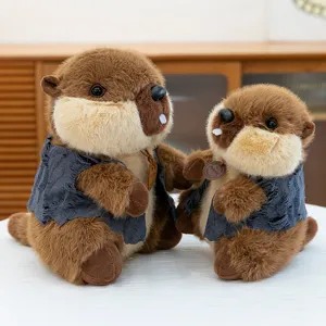 Cute brown marmot plush toy set with soft fur and gray vest, ideal kids birthday gift.