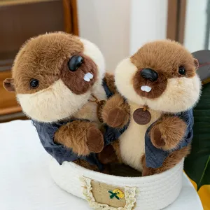 Cute marmot plush toy set, soft stuffed animal doll with waistcoat, sweet birthday gift.