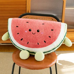 Cute watermelon plush pillow toy with arms and legs, soft fabric sofa cushion detail view.