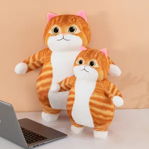 Detailed view of cute plush cat toys in two sizes, featuring orange stripes and soft fabric.