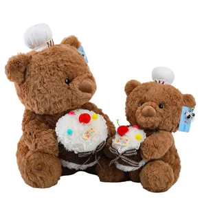 Cute chef teddy bear plush toys holding lovely cake dolls, soft stuffed animal birthday gift.