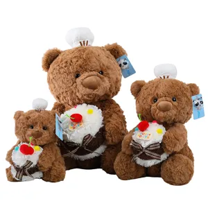 Cute chef teddy bear plush toy with mini cake, soft stuffed animal doll gift for kids