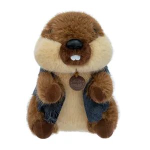 Cute marmot plush toy with denim vest, soft stuffed animal doll for kids birthday gift.