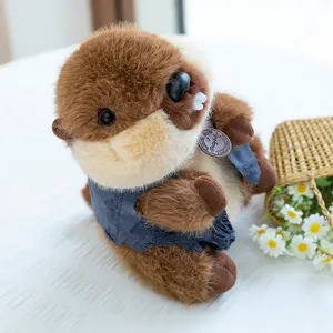 Cute brown plush marmot toy with vest soft stuffed animal doll for kids birthday gift