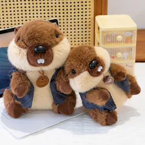 Cute marmot plush toy with denim vest, soft stuffed groundhog doll, birthday gift for kids.