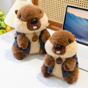 Cute plush marmot toy with denim vest, soft stuffed animal doll for kids birthday gifts.