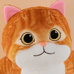 Cute orange cat plush toy closeup detail, funny tabby kitten stuffed doll for kids and home decor.