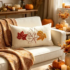Scena dettagliata di un cuscino autunnale decorativo con foglie d'acero ricamate.