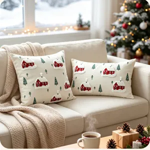 Christmas decorative pillow covers featuring red houses and pine trees for cozy sofa decor.