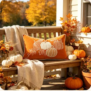 Close-up detail of the autumn pumpkin embroidered pillow cover on a rustic wooden bench.