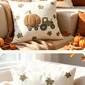 Detail shot of autumn pumpkin car canvas throw pillow cover, vintage cozy sofa cushion case.