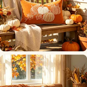 Autumn pumpkin embroidered pillowcase detail, orange fall decor cushion cover for Thanksgiving.