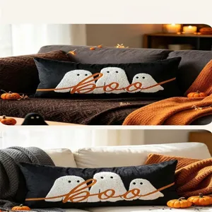 Halloween Kissenbezug schwarzer Samt niedliche Geister Bestickung Deko Kissenhülle