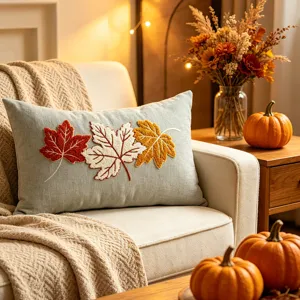 Fodera per cuscino rettangolare ricamata con foglie d'acero in ciniglia per decorazione autunnale