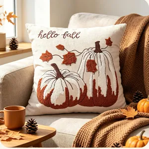 Funda de cojín de otoño con bordado de calabaza, decoración acogedora para sofá del hogar.