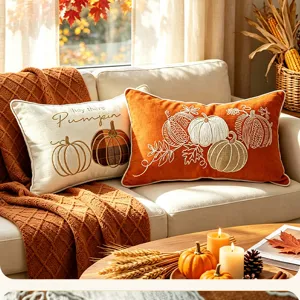 Autumn pumpkin embroidered throw pillow detail view, cozy harvest season home decor item.