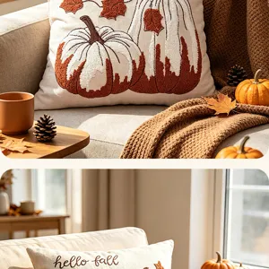Funda de cojín de chenilla con bordado de calabaza de otoño para decoración de sofá.