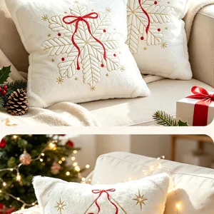 Chic Christmas plush pillow cover with gold embroidered snowflake for festive sofa decor.