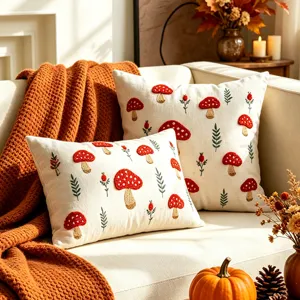 Retro Herbst 3D Bestickter Pilz Kissenbezug Polyester Dekorative Quadratische Taille Kissenhülle Für Sofa Heimdekoration