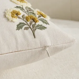 Canvas floral embroidered throw pillow cover with hidden zipper, vintage style home decor.