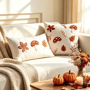 Herbst 3D Stickerei Pilz Ahornblatt Baumwolle Leinen quadratisch Lendenkissenbezug