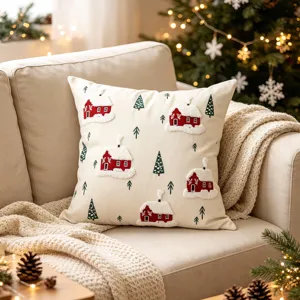 Christmas decorative throw pillow cover with cute red houses and pine trees embroidery design.