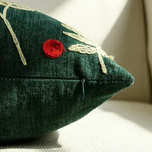Green Christmas tree embroidered plush throw pillow cover for holiday sofa decor 45x45