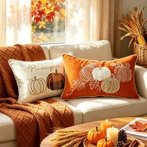 Autumn Thanksgiving Pumpkin Embroidered Pillow Cover Decorative Rustic Holiday Cushion Case For Sofa Home Decor