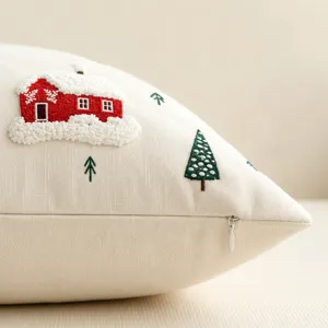 Christmas decorative throw pillow cover featuring cute embroidered red house and tree design.