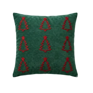 Green plush Christmas tree embroidered throw pillow case for holiday home sofa decor.